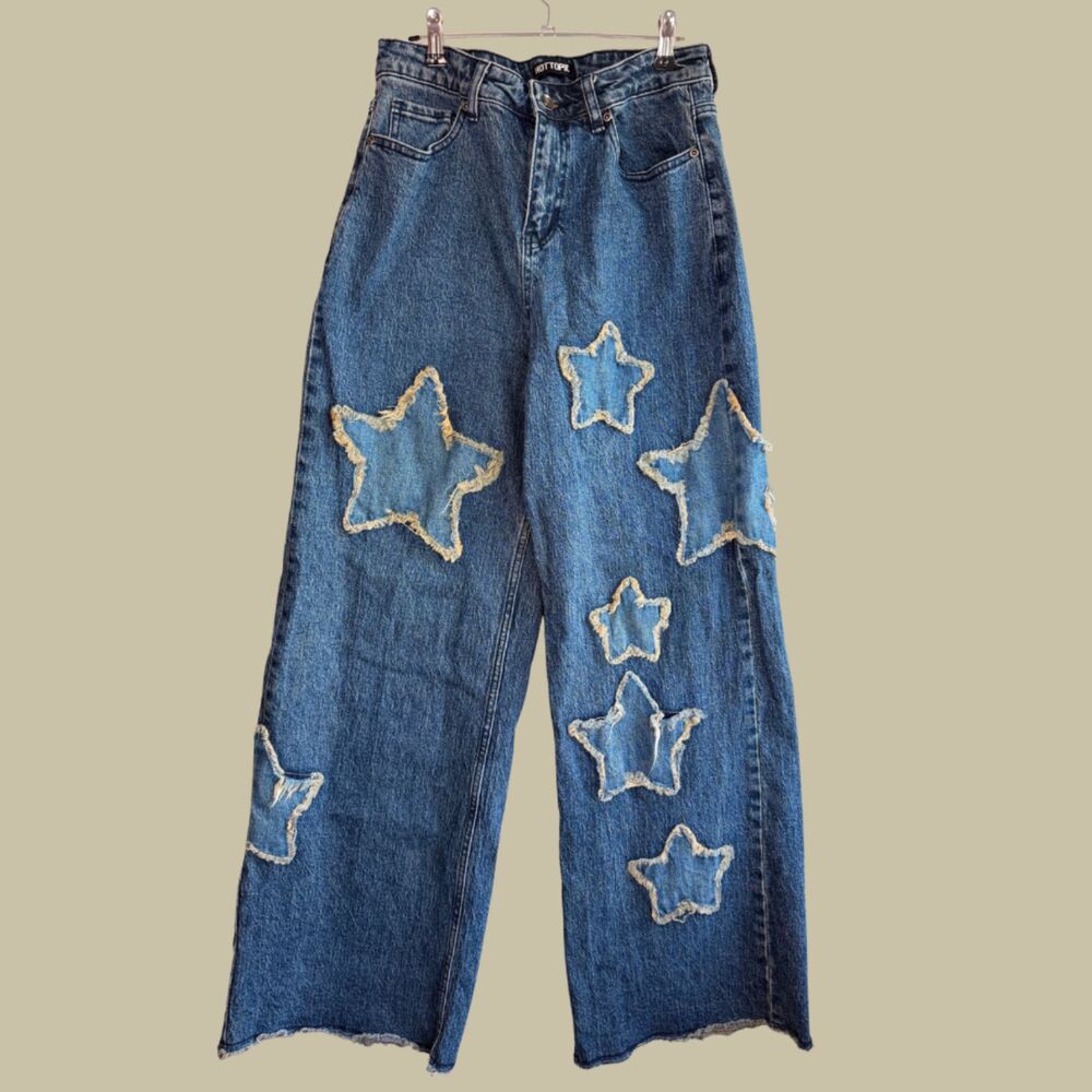 Hot Topic Wide Leg Blue Star Patch Denim Jeans